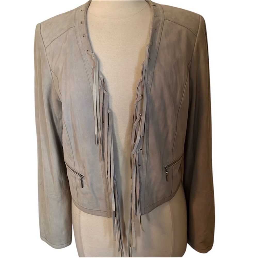 WhiteHouseaBlackMarket Light Gray Genuine Suede Jacket w/Fringe lace up Size L - Picture 3 of 17